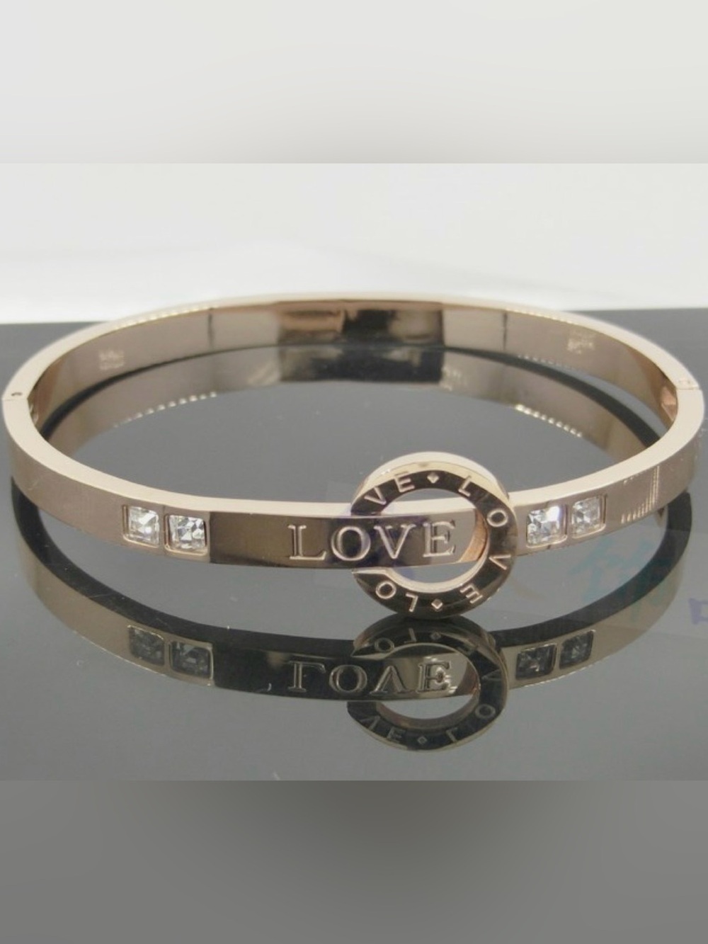 Rose Gold Silver Zirconia Love Stainless Steel Cuff Bangle Bracelet Gift Box P28